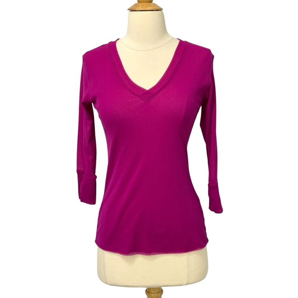 Petit Pois by Viviana G Mesh Long Sleeve V-Neck Top Fuchsia Purple Y2K Size M